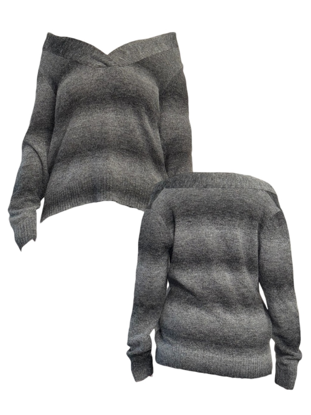 Charter Club Gray and Black Ombré Striped V Neck Sweater